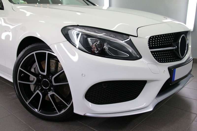 White mercedes in workshop